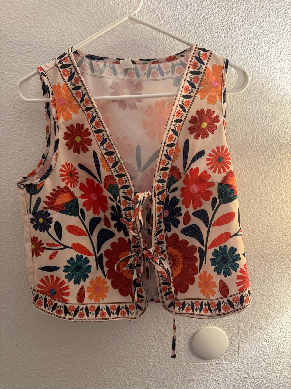 Floral Tie-Front Sleeveless Top - Cream with Red & Teal Flowers